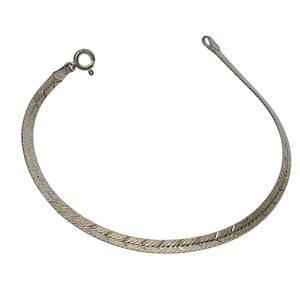 FAS 925 Italy Silver Herringbone Chain Hearts Diamond Pattern Bracelet Sz 7”